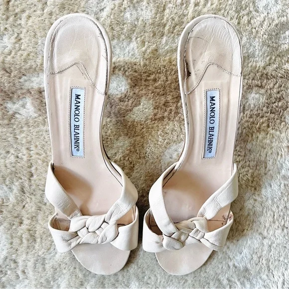 Manolo Blahnik Braided Leather Mule Slide Open Toe Kitten Heel Sandals Sz 37 1/2 - Picture 3 of 15